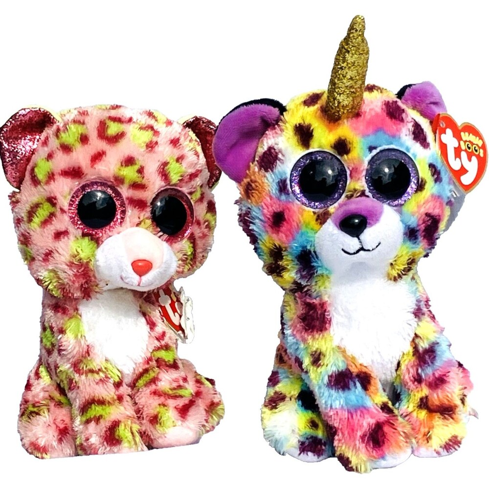 Ty TySilk 2 Beanie Boo Plush Toys Lainey Giselle Leopard Cat Unicorn Glitter Eye
